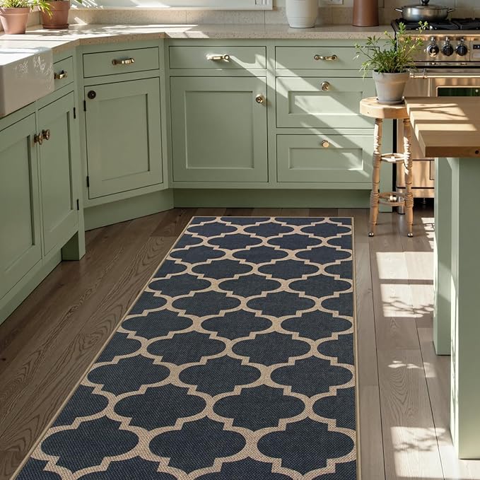 Lahome Moroccan Easy Jute Runner Rug, Blue Washable Runner Rugs for Outdoor Porch Hallway, Geometric Trellis Woven Long Carpet for Doorway, Thin Non Slip Outdoor Decor, 2'6'' x 8'