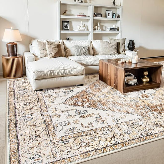 Lahome 9x12 Area Rugs for Living Room - Boho Non-Slip Washable Carpet Ultra-Thin Large Rug Lightweight Throw Foldable Dining Room Mat,Farmhouse Neutral Print Carpet for Bedroom Guest Room (Taupe)