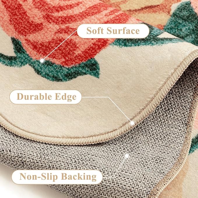 Washable Floral Area Rug 4x6 Beige Office Carpet Scalloped Flower Non Slip Soft Living Room Rug Farmhouse Low Pile Thin Indoor Floor Cover for Bathroom Bedroom Kitchen Laundry Dining Room