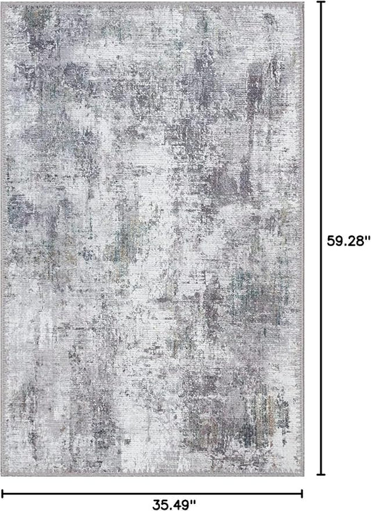 GLN Rugs Contemporary Collection - Machine Washable Area Rug, Contemporary Washable, Non Slip, Low Pile Chenille Rug, Living Room, Bedroom, Kitchen Rug (3' x 5' Grey/Green)