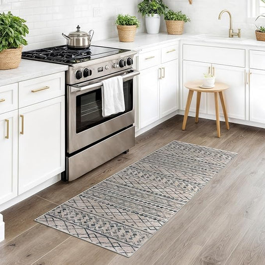 KUTA Boho Kitchen Runner 2x5 Brown Black Moroccan Washable Rug Non-Slip Vintage Hallway Runners Ultra Soft Distressed Geometric Floor Carpet for Bedroom Laundry Living Room