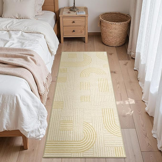 Bavni Washable Runner Rug, Soft Modern Printed Rug Runner, Abstract 2x5 Runners for Hallways, Kitchen, Laundry, Abstract Yellow Beige