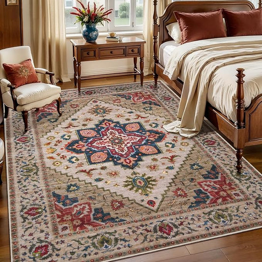 Tangsoo 5x7 Area Rug Washable Rugs for Living Room, Vintage Indoor Non Slip Large Area Rugs, Print Carpet, Soft Low Pile Rug Foldable Floor Rug for Bedroom Dining Room Dorm Beige/Red