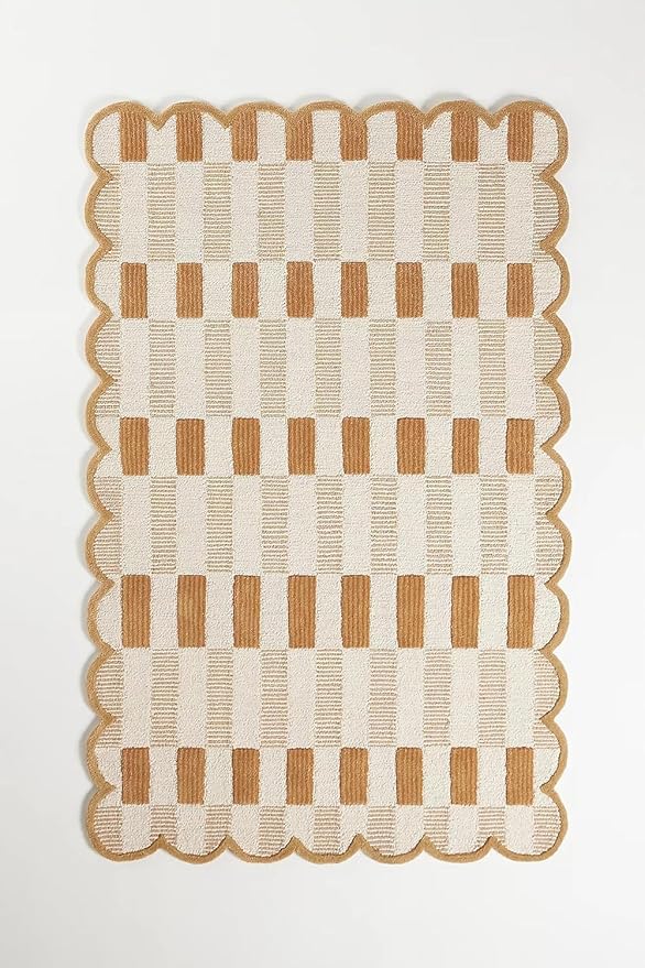 Hand-Tufted Wool Rug with Scalloped Edges, Light Blue Plaid Pattern, Cozy Soft Area Rug for Living Room, Bedroom, and Nursery, Handmade Modern Accent Rug (Neutral, 9X13 FEET)