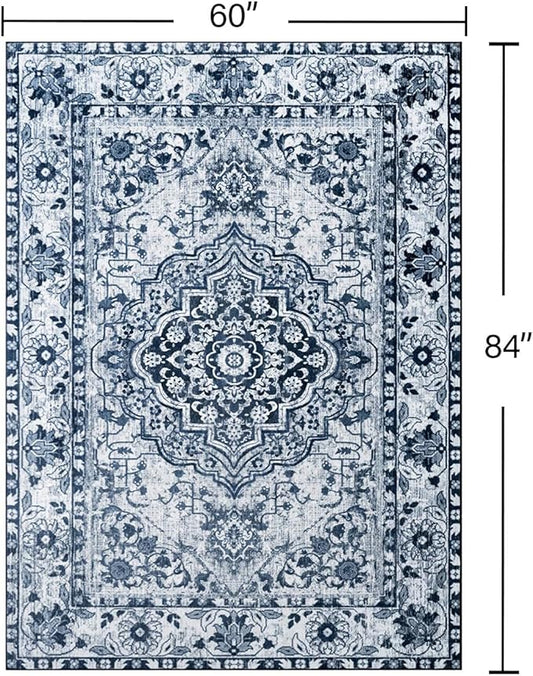 YJ.GWL Area Rugs for Living Room 5x7 Machine Washable Rugs, Non Slip Floral Vintage Rug Indoor Carpet, Stain Resistant Large Rug for Bedroom Dining Room, Navy Blue
