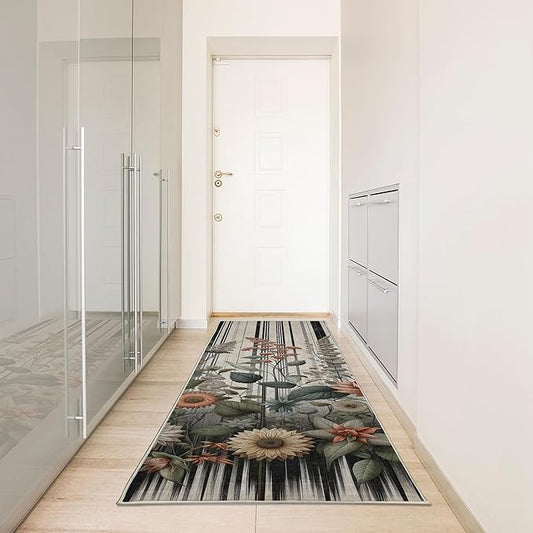 Ambesonne Botanical Decorative Rug, Nostalgic Garden Pattern with Flowers and Leaves on Retro Stripes, Quality Carpet Bedroom Dorm and Living Room, 2' 5" x 7' 5", Sage Green and Salmon