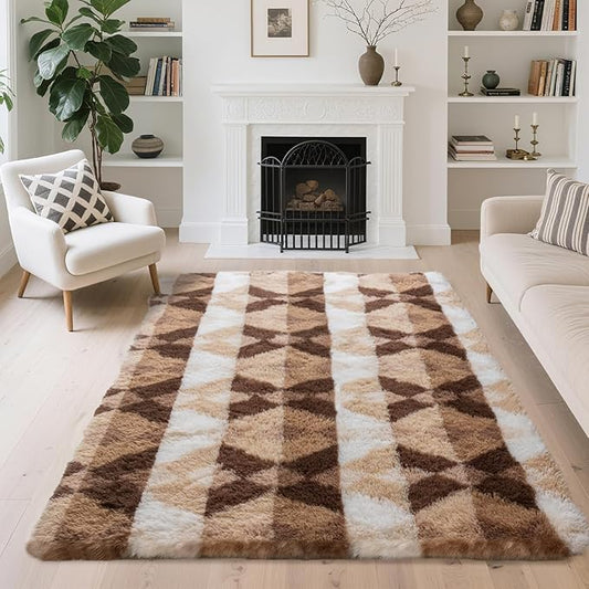 4x6 Area Rugs for Living Room Bedroom, Soft Fluffy Shaggy Bedside Rug, Indoor Floor Carpet for Kids Playroom, Dorms, Nursery Rooms, Home Decor (Coffee Ombre 4'x6')