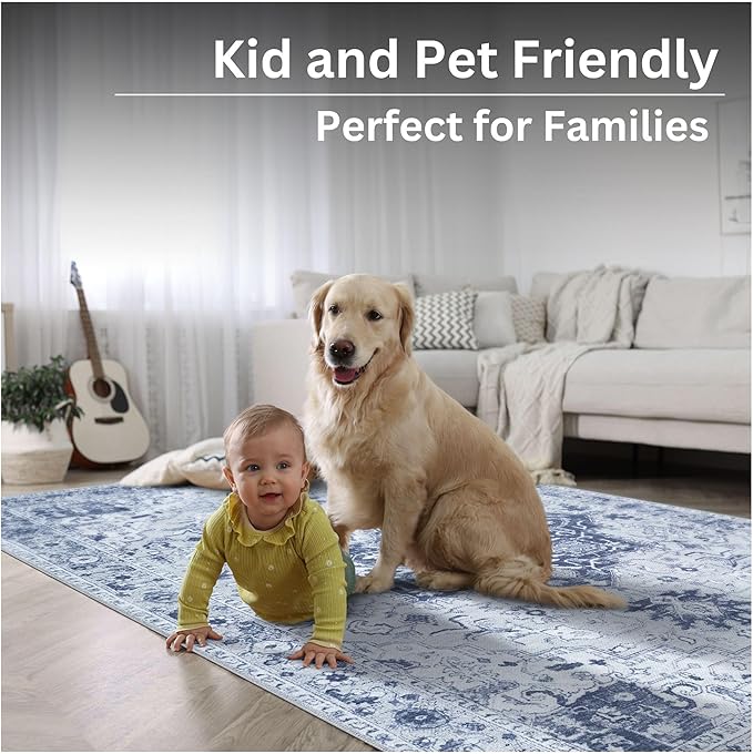 Bloom Rugs Washable Non-Slip 6' x 9' Rug - Gray/Blue Traditional Medallion Area Rug for Living Room, Bedroom, Dining Room, and Kitchen - Exact Size: 6' x 9'