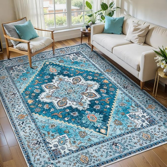 Tangsoo Blue 4x6 Area Rug, Vintage Washable Non Slip Indoor Rugs, Oriental Machine Washable Rug Carpet, Soft Low Pile Foldable Floor Rugs for Dining Room Bedroom Living Room Home Decor