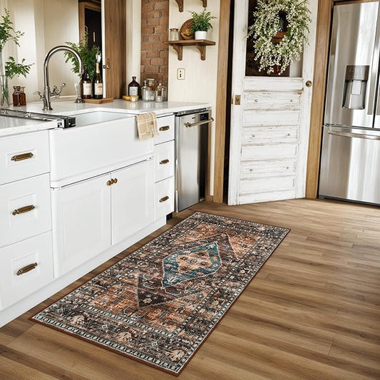 Lahome 2x4 Washable Entryway Runner Rug - Non-Slip Ultra-Thin Stain Resistant Kitchen Rugs, Oriental Print Carpet Runner for Hallway Bedroom Laundry Room