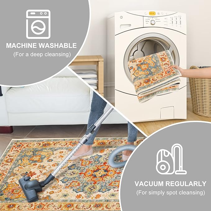 COMSLE Boho Runner Rug, 2' x 6' Washable Area Rugs for Hallway Faux Wool Small Distressed Indoor Door Mat Non-Slip Laundry Room Kitchen Carpet for Entryway Bedroom