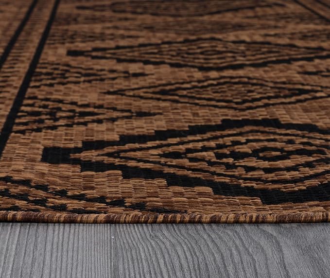 Beverly Rug Waikiki Boho Indoor Outdoor Rug 10x14, Washable Outside Carpet for Patio, Deck, Porch, Bohemian Area Rug, Farmhouse Rugs, Aztec Tribal Rug, Nut Brown and Black
