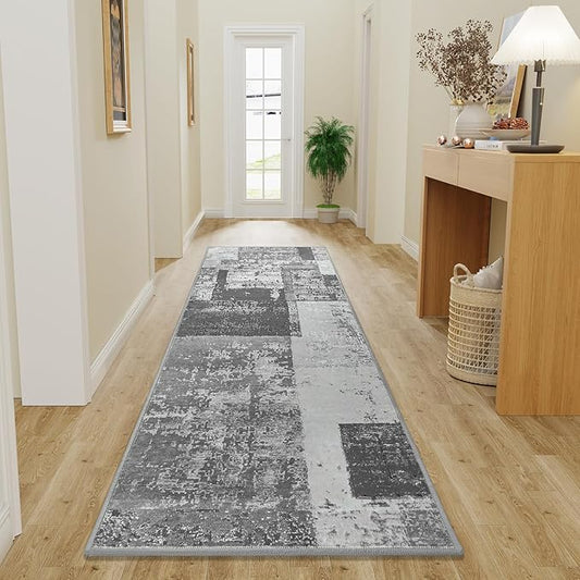 LOCHAS Washable Runner Rugs for Hallway, 2x6 Non Sip Soft Rug for Bedroom Entryway Kitchen Laundry Room, Long Abstract Carpet for Indoor Floor Bedside, Grey Geometric Vintage Decor, Pet & kid Friendly