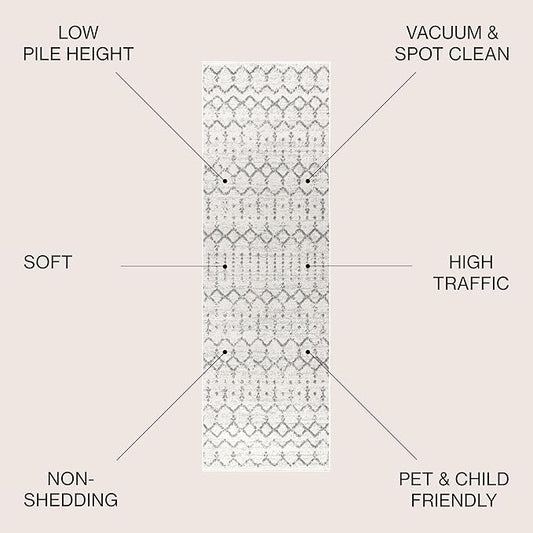 JONATHAN Y Boho Vintage Diamond Cream/Gray Runner Rug 2X18 ft, Moroccan Hype for Living Room, Bedroom, Kitchen, Office, Easy-Cleaning, High Traffic, Pet-Friendly, Non-Shedding (MOH101B-218)