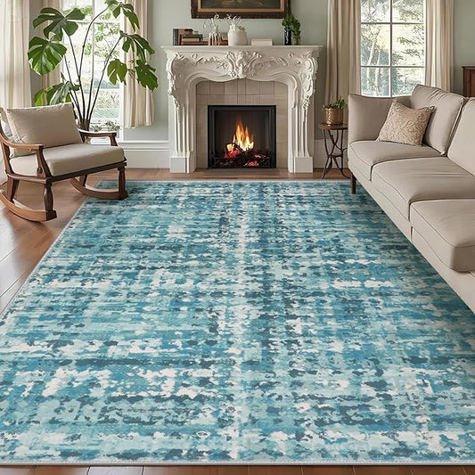 6x9 Abstract Area Rugs for Living Room, Modern Teal Blue Washable Indoor Rug for Bedroom, Thin Soft Large Non-Slip Carpet for Dining Room Home Office Farmhouse Decor