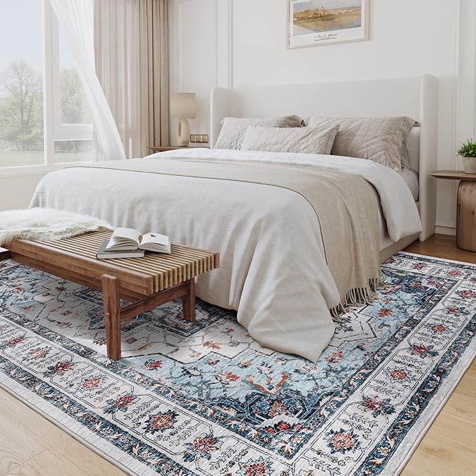 zesthome Washable Rug 5x7 Area Rugs,Stain Resistant Rugs for Living Room,Bedroom,Non-Slip Backing Home Decor Rug, Vintage Medallion Pattern Rugs (Blue,5'x7')
