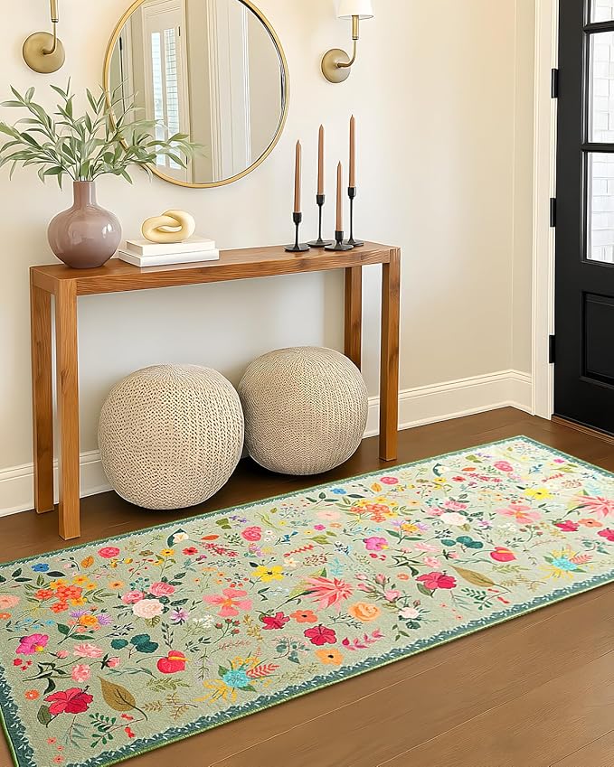 Boho Floral Runner Rug 2x6, Washable Non-Slip Kitchen Rug, Ultra Soft Vintage Carpet for Hallways, Kitchen, Bedroom, Bathroom (Green)