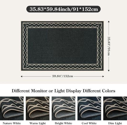 OJIA Easy Jute Front Door Mats Outdoor Rug 3x5 Washable Rugs for Entryway, Wavy Border Black Indoor Outdoor Rugs Non-Slip Doormat Entry Rugs Farmhouse Area Rug for Porch Outside Kitchen Living Room