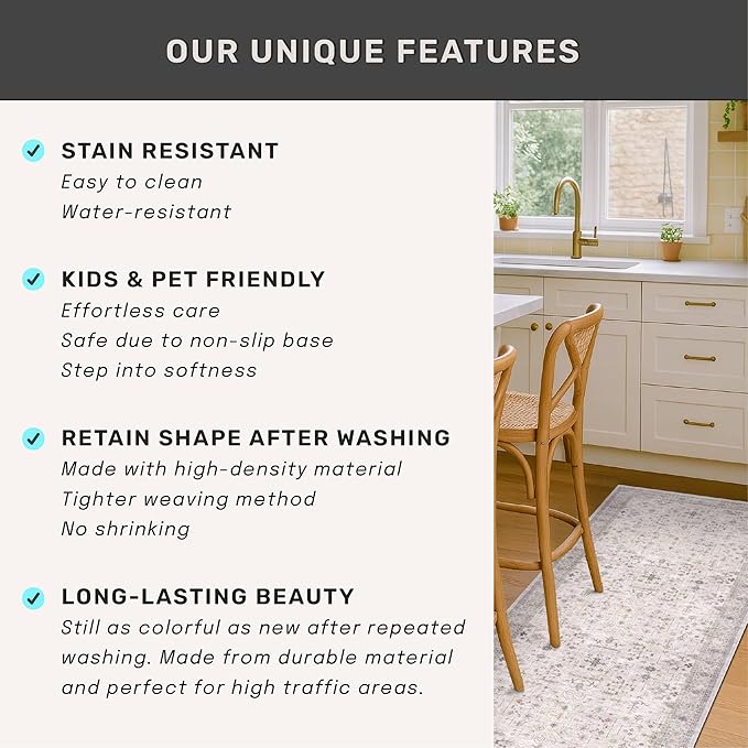 Light Gray Kitchen Rug 10 ft Long - Modern Neutral Boho Unique Floral with Brown Accent, Washable Low Pile Non-Slip Extra Long Wide Runner Rugs for Hallway, 3x10