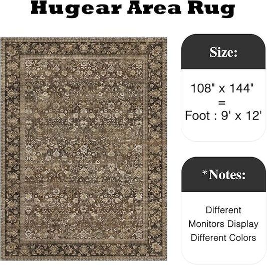 HUGEAR 9x12 Machine Washable Rugs Brown Hallway Large Area Rug Indoor Accent Rug Floral Low Pile Carpet Soft Throw Aesthetic Rug Bedroom Living Room Office Dining Room Kitchen Laundry Room