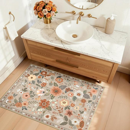 Floral 2x3 Area Rug Machine Washable Soft Print Boho Carpet Non Slip Doormat Low Pile Flower Area Rugs for Living Room Bedroom Nursery Kitchen Dining Room Indoor-Brown/Brick