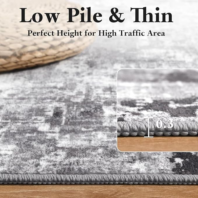 Washable Abstract Rug, 3x5 Modern Area Rugs with Non-Slip Rubber Backed for Bedroom, Thin but Soft Contemporary Carpet Kitchen Living Room Decor, Dark Grey