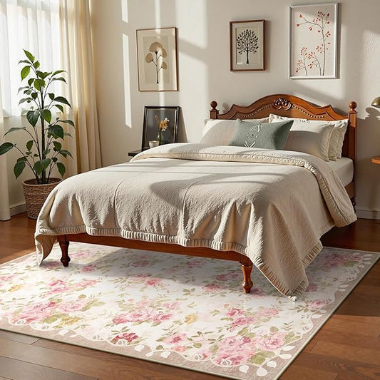 Lahome Floral Washable Rugs 5x7,Rugs for Living Room Boho Area Rug,Vintage Rugs for Bedroom Girls Non Slip Low Pile Ultra-Thin Large Carpet for Farmhouse,Dining Room,Kids Playroom Dorm (5'X7',Beige)