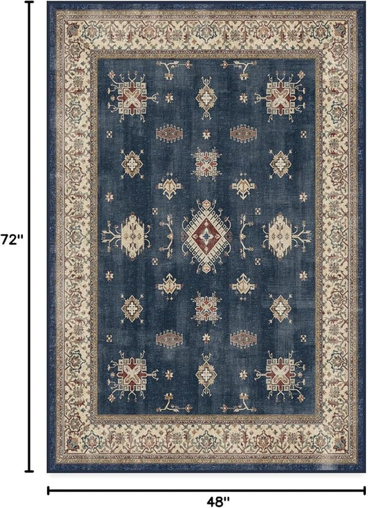 RUGGABLE Washable Vintage Area Rug – Verena Sapphire 4x6, Stain-Resistant, Non-Slip – Medium Machine Washable Rugs for Living Room, Bedroom, Hallway, Entryway & Office–with Standard Pad