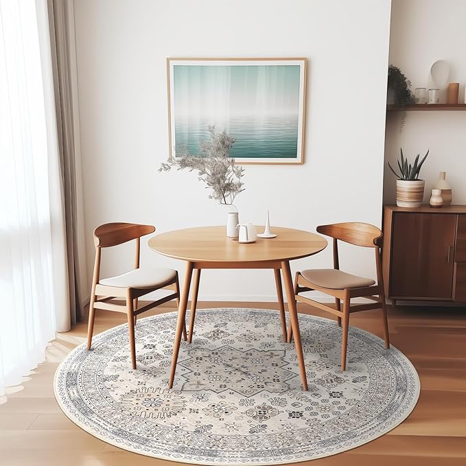 zesthome Washable Round Rug - 5ft Ultra-Thin Circle Area Rugs, Vintage Non-Slip Low Pile Rug for Living Room, Stain Resistant Rug for Bedroom, Entryway, Kitchen, Nursery
