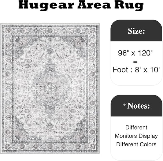 HUGEAR Area Rug 8x10 Vintage Grey Machine Washable Living Room Rugs Thin Neutral Floral Vacuumable Low Pile Carpet Bedroom Office Dining Room Laundry Room Non Slip Soft Lightweight