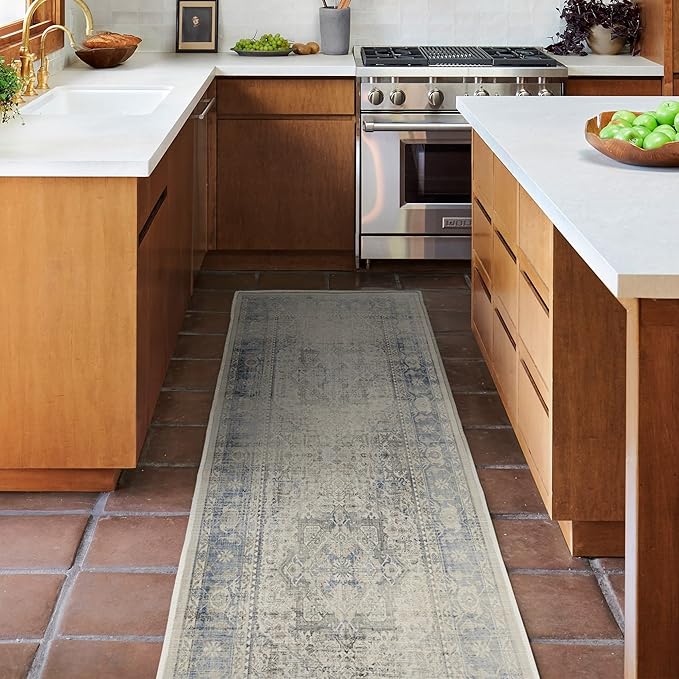 RUGGABLE Washable Vintage Area Rug – Kamran Blue Quartz 9x12, Stain-Resistant, Non-Slip – Large Machine Washable Rugs for Living Room, Bedroom, Hallway, Entryway & Office–with Cushioned Pad