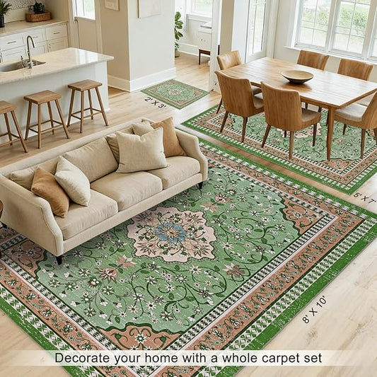 Luxury 5' x 7' Green Washable Area Rugs, Boho Low Pile Easy Clean Non-Slip Rug, Floral Medallion Pattern Vintage Rugs for Living Room, Dinning Room, Office, Bedroom, Bathroom, Laundry Room, Farmhouse