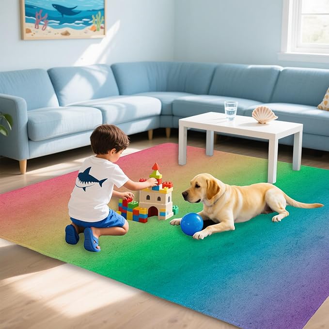 Rainbow Washable 5x7 Area Rugs for Living Room, Thin Low Pile Contemporary Carpet, Non-Slip Base Lightweight Rug