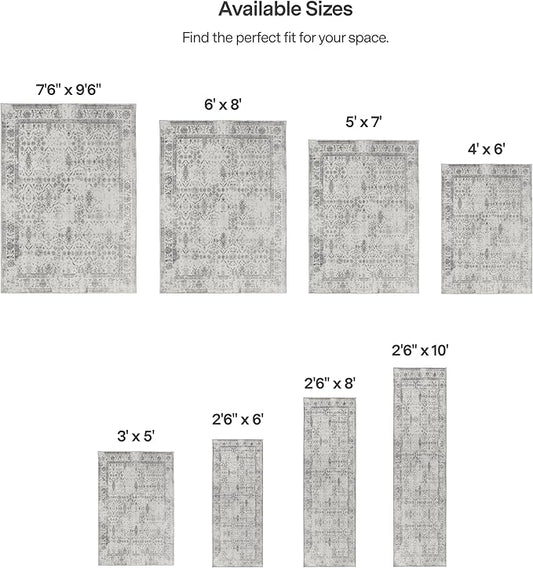 ReaLife Rugs Machine Washable Area Rug - Living Room Bedroom Bathroom Kitchen Entryway Office - Padded Low Pile Stain Resistant Premium - Boho Farmhouse Vintage - Noor - Ivory Grey 5' x 7'