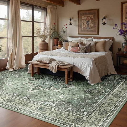 Area Rugs 6'x9' Washable Non-Slip, Floral Vintage Distress Print Pattern Medallion Carpet for Living Room Bedroom Dining Room, Dark Green Gray