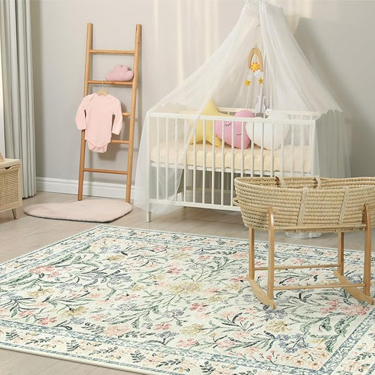 Morebes Floral Machine Washable Area Rugs 5x7, Vintage Boho Nursery Rug Girl Non-Slip, Flower Indoor Floor Throw Carpet for Living Room Bedroom Kitchen Playroom Home, White/Multi
