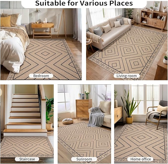 Tangsoo Easy Jute Rug 2x6 Washable Runner Rug for Hallways,Neutral Geometric Ultra Thin Indoor Carpet Runner Farmhouse Long Rnner Mat for Kitchen Entryway Laundry
