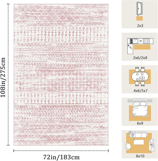6x9 Machine Washable Area Rug for Living Room, Pink Vintage Moroccan Rug Large Non-Slip Low Pile Soft Faux Wool Carpet, Kids and Pets Friendly for Bedroom Dining Room Farmhouse Home Decor Rug
