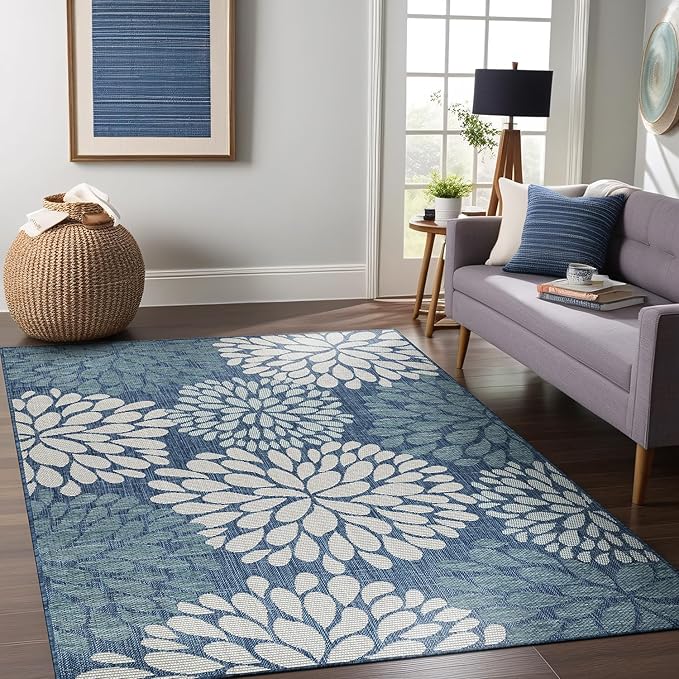 Beverly Rug Outdoor Rug 9x12 Modern Exotic Tropical Leaf Area Rugs for Indoor and Outdoor Patio Deck Porch Garden Water Resistant Washable Outside Carpet (9 x 12 Blue)