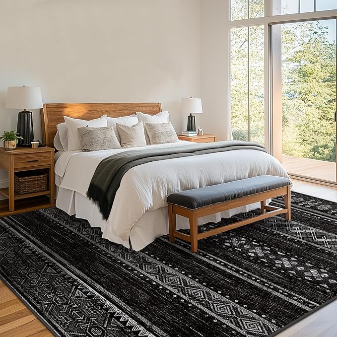 BESTSWEETIE 5x7 Area Rugs for Living Room Washable Moroccan Farmhouse Neutral Geometric Low Pile Non-Slip Soft Print Pattern Rug for Bedroom Kitchen Dining Room Entryway Black/White