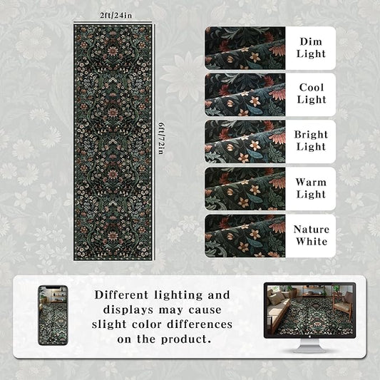 2x6 Washable Runner Rug,Black Floral Boho Area Rug for Hallway,Low-Pile Non-Slip Stain Resistant Carpet for Kitchen, Bedside,Laundry Room,Entryway