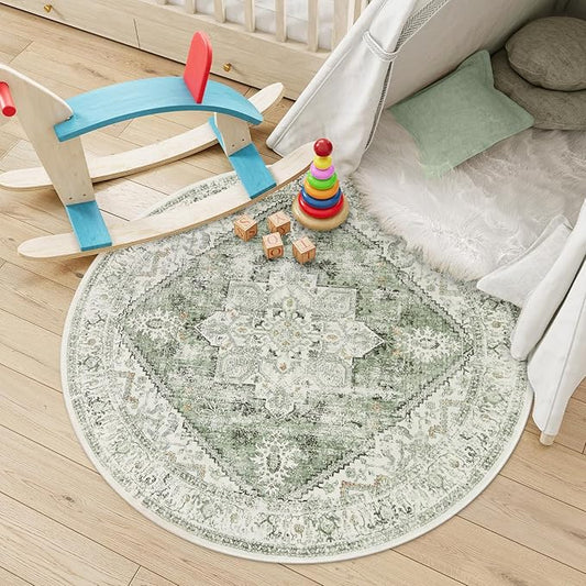 LIVEBOX Sage Green Round Rug 4ft, Vintage Tribal Circle Rugs for Entryway Foyer, Low-Pile Oriental Retro Rugs for Living Room, Stain Resistant Medallion Circular Rug for Bedroom
