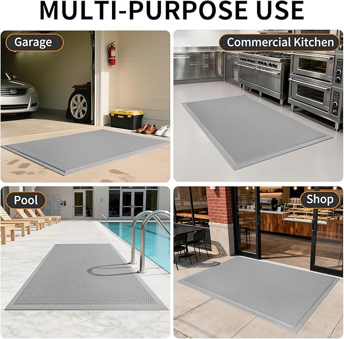 Front Door Mat 36''x59'', Drainage Heavy Duty Dirt Trapping Non-Slip Doormats, Outdoor Rubber Floor Mats, Restaurant Commercial Kitchen Industral Pool Entrance Bar Wet Area, Grey