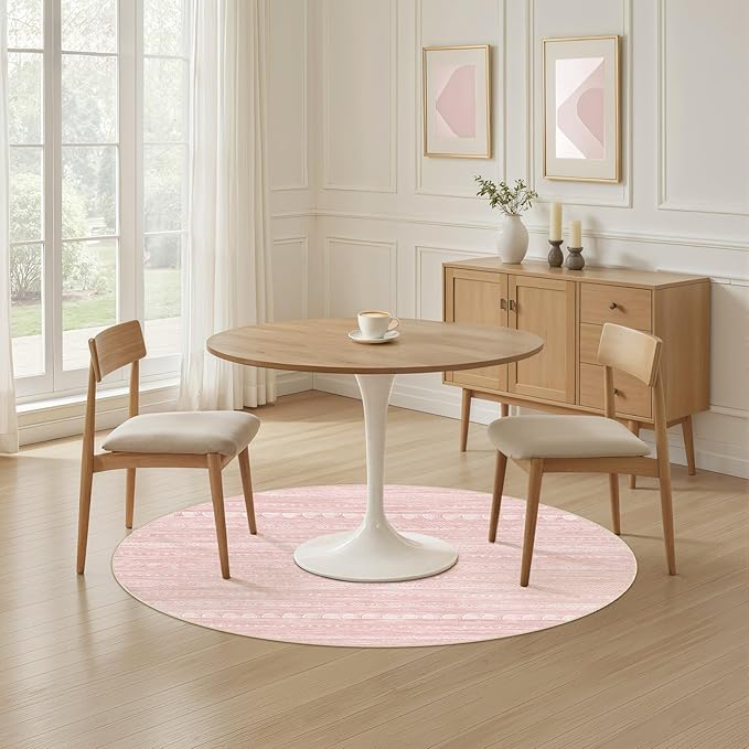 Nakagishi Round Rug Kitchen Washable Rugs: 4x4 Non-Slip Boho Soft Modern Stain Resistant Indoor Floor Neutral Farmhouse Throw Carpet for Hallway Bathroom Laundry Room Entryway Bedroom- Pink