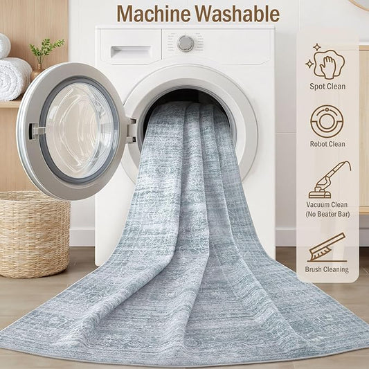 10x12 Area Rug Living Room: Washable Large Vintage Blue Rug Neutral Non-Slip Soft Stain Resistant Indoor Carpet for Bedroom Nursery Dining Room Under Table Bed Home House Office Playroom