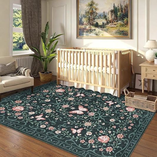 GarveeHome Floral Area Rug 4x6 Entryway Rug Low Pile Bedroom Black Bow Rugs Non Slip Stain Resistant Dining Room Throw Carpet Small Living Room Butterfly Rugs Soft Boho Mats for Kitchen Nursery, 4x6