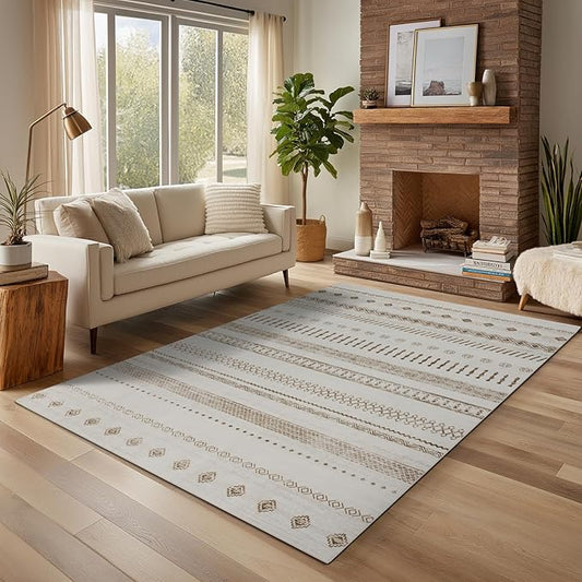 Washable Rugs 5x7 Area Rugs for Living Room, Thin Carpet for Bedroom, Boho Soft Faux Wool Retro Dining Room Rug,Non Slip&Non-Shedding Resistant Low Pile Vintage Print Rug for Home Office (Beige)