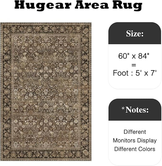 HUGEAR 5x7 Machine Washable Rugs Brown Hallway Area Rug Indoor Accent Rug Floral Low Pile Carpet Soft Throw Aesthetic Rug Bedroom Living Room Office Dining Room Kitchen Laundry Room Non Slip