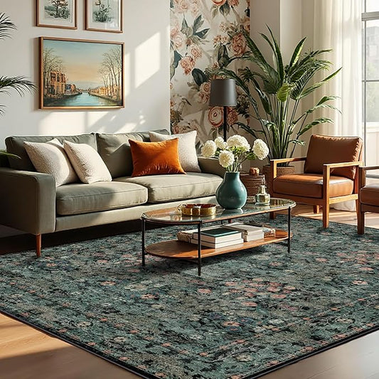 Dark Green Boho 5x7 Area Rugs for Bedroom Aesthetic, Washable Floral Rug for Living Room, Nursery - Low Pile Non Slip French Country Carpet for Dining Room Under Table - Botanical Mat for Indoor