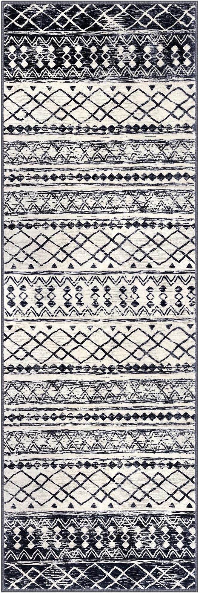 KUTA Moroccan Kitchen Rugs 3x8, Non-Slip Vintage Black Navy Blue Boho Hallway Runner Rug Ultra Soft Print Geometric Floor Carpet Runners for Bedroom Laundry Living Room